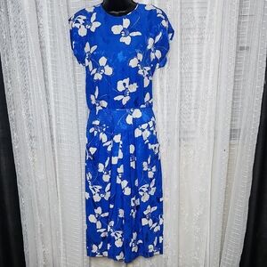 Vintage 80's Maggy London 100% Silk Blue & White Floral Midi Dress Sz6